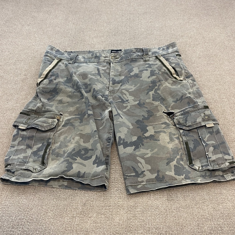 Affliction Cargo Shorts Mens 42 Gray Camo Stretch Canvas Grunge Distressed